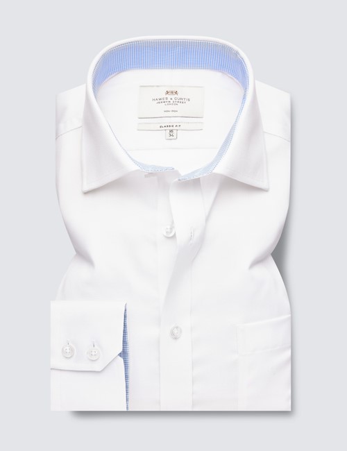 Non Iron White Pique Classic Fit Shirt With Contrast Detail - Single Cuffs