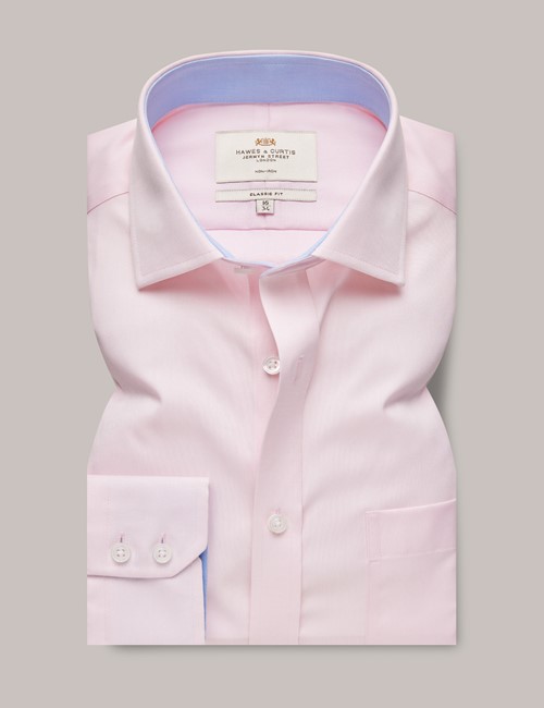 Non Iron Pink Twill Classic Fit Shirt With Contrast Detail & Breast Pocket - Single Cuffs