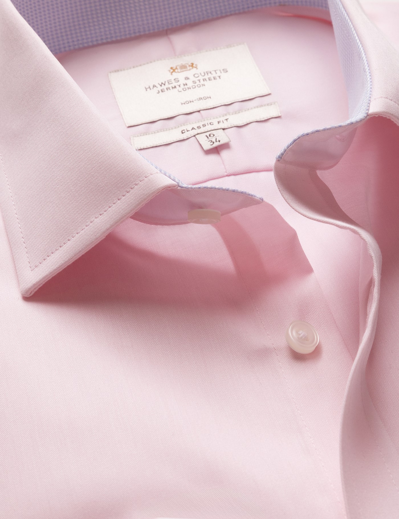 Hawes & Curtis Classic Fit Pink Twill Non-Iron Shirt | Contrast Detail | Chest Pocket Size: 18" collar, 38" sleeve