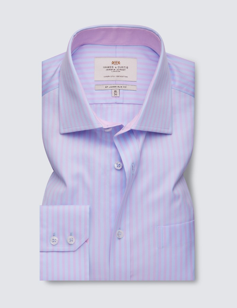 Easy Iron Blue & Pink Stripe Classic Fit Shirt with Contrast Detail & Chest Pocket - Single Cuffs