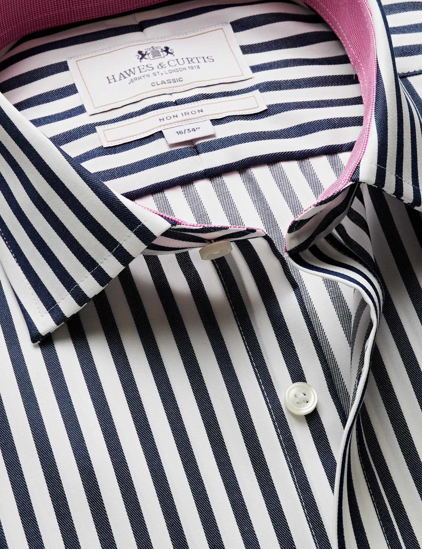 Hawes & Curtis Classic Fit Navy & White Bold Stripe Non-Iron Shirt | Contrast Detail | Chest Pocket Size: 17" collar, 36" sleeve