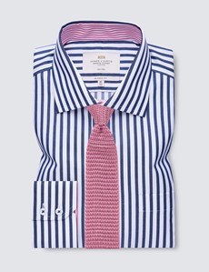 Non Iron Navy & White Stripe Classic Fit Shirt with Contrast Detail & Chest Pocket - Single Cuffs