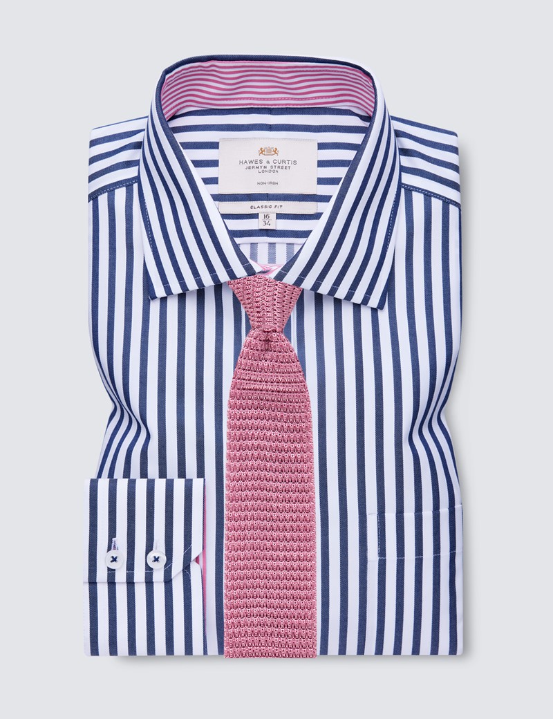 Non Iron Navy & White Stripe Classic Fit Shirt with Contrast Detail & Chest Pocket - Single Cuffs