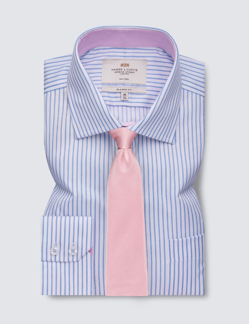 Non Iron Blue & White Stripe Classic Fit Shirt with Contrast Detail & Chest Pocket - Single Cuffs
