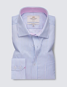Non Iron Blue & White Stripe Classic Fit Shirt with Contrast Detail & Chest Pocket - Single Cuffs