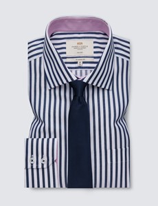 Non Iron Navy & White Bold Stripe Classic Fit Shirt With Contrast Detail - Single Cuffs
