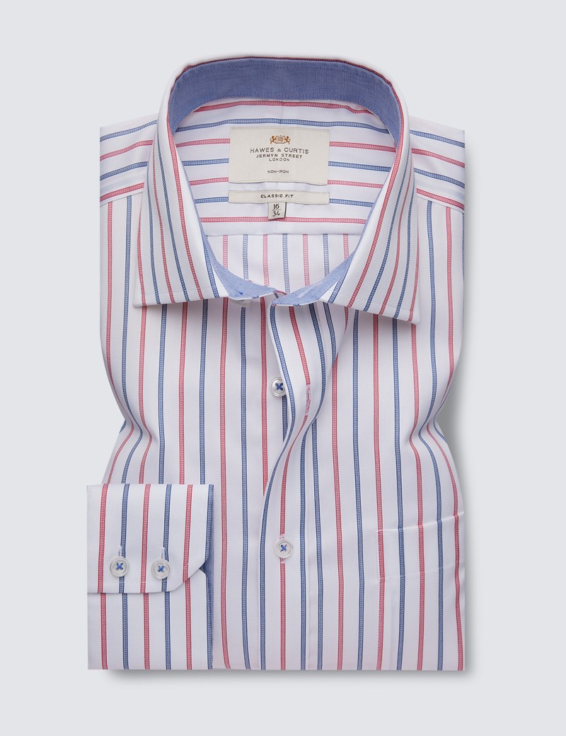 Non Iron Red & Navy Stripe Classic Fit Shirt With Contrast Detail - Single Cuffs