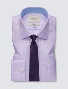 Non Iron Pink & Blue End On End Stripe Classic Fit Shirt With Semi Cutaway Collar - Single Cuffs