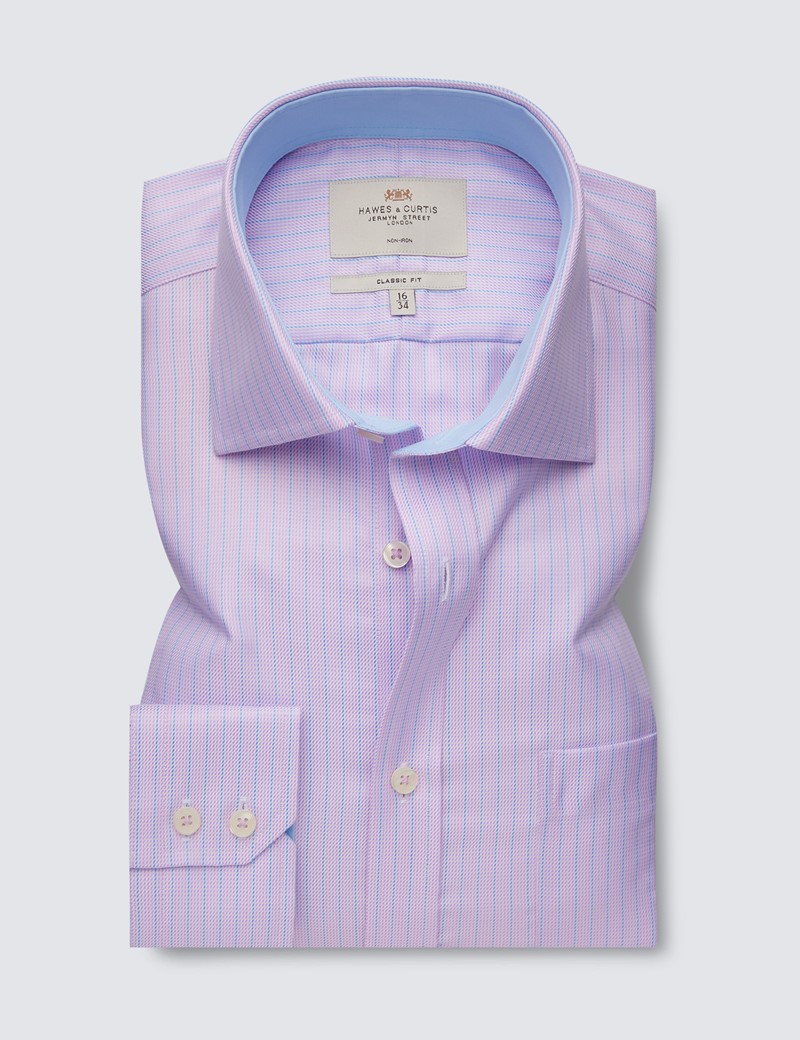 Non Iron Pink & Blue End On End Stripe Classic Fit Shirt With Semi Cutaway Collar - Single Cuffs