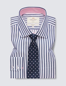 Non Iron Navy & White Bold Stripe Classic Fit Shirt With Semi 