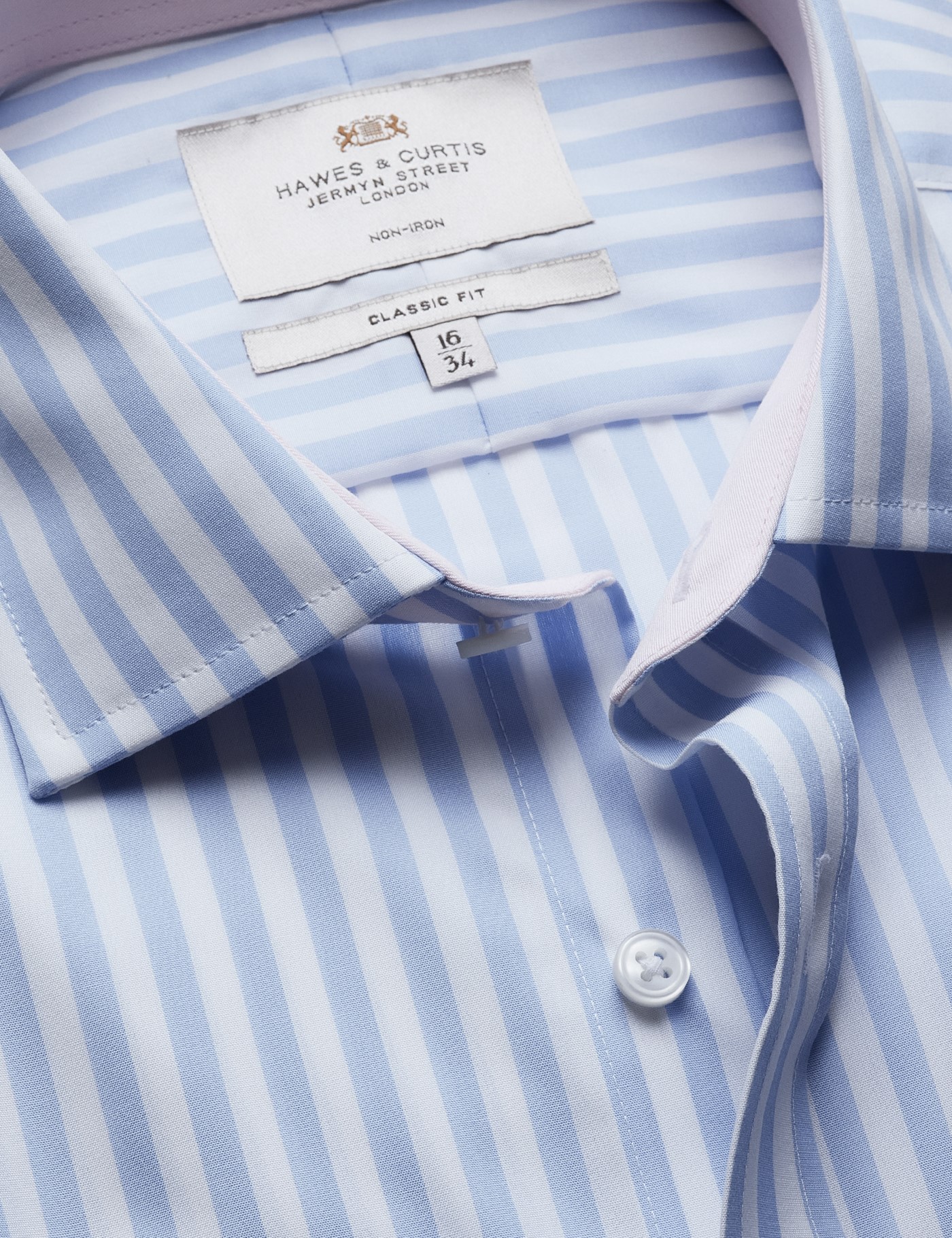 Hawes & Curtis Classic Fit Blue & White Bold Stripe Non-Iron Shirt | Contrast Detail | Chest Pocket Size: 16.5" collar, 34" sleeve