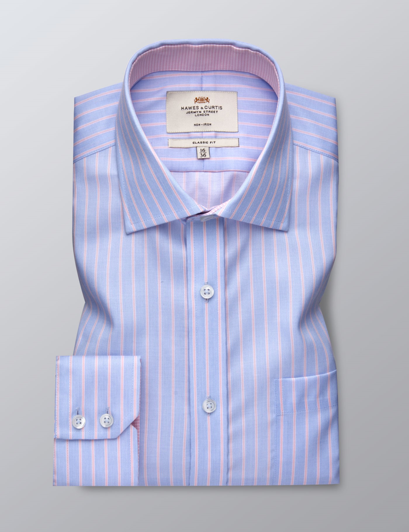 Mens Formal Pink And Blue Wide Stripe Classic Fit Shirt Single Cuff