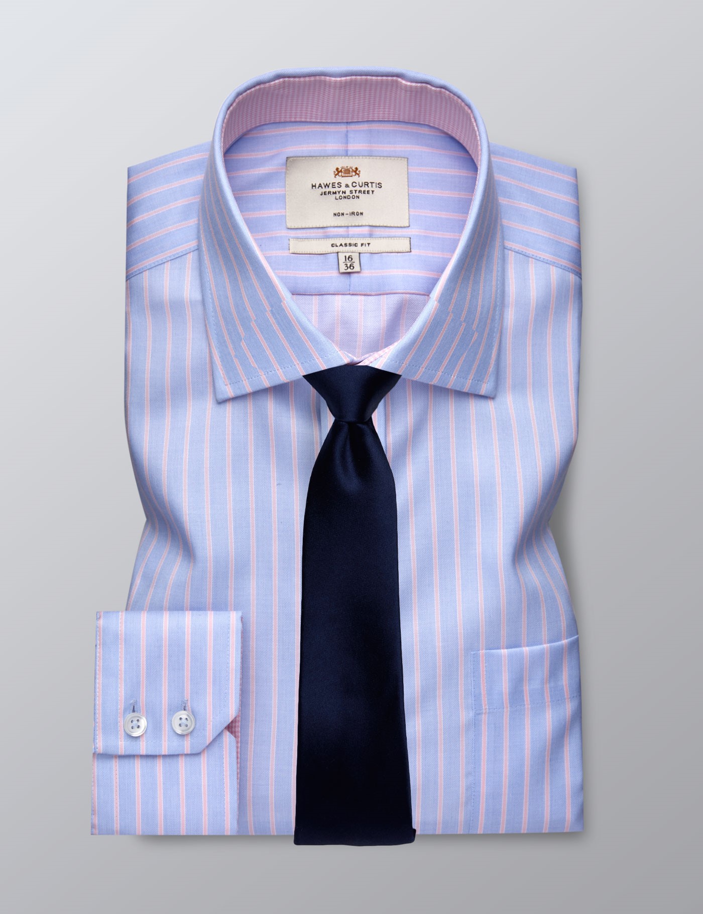 Men's Formal Pink & Blue Wide Stripe Classic Fit Shirt - Single Cuff - Chest Pocket - Non Iron 