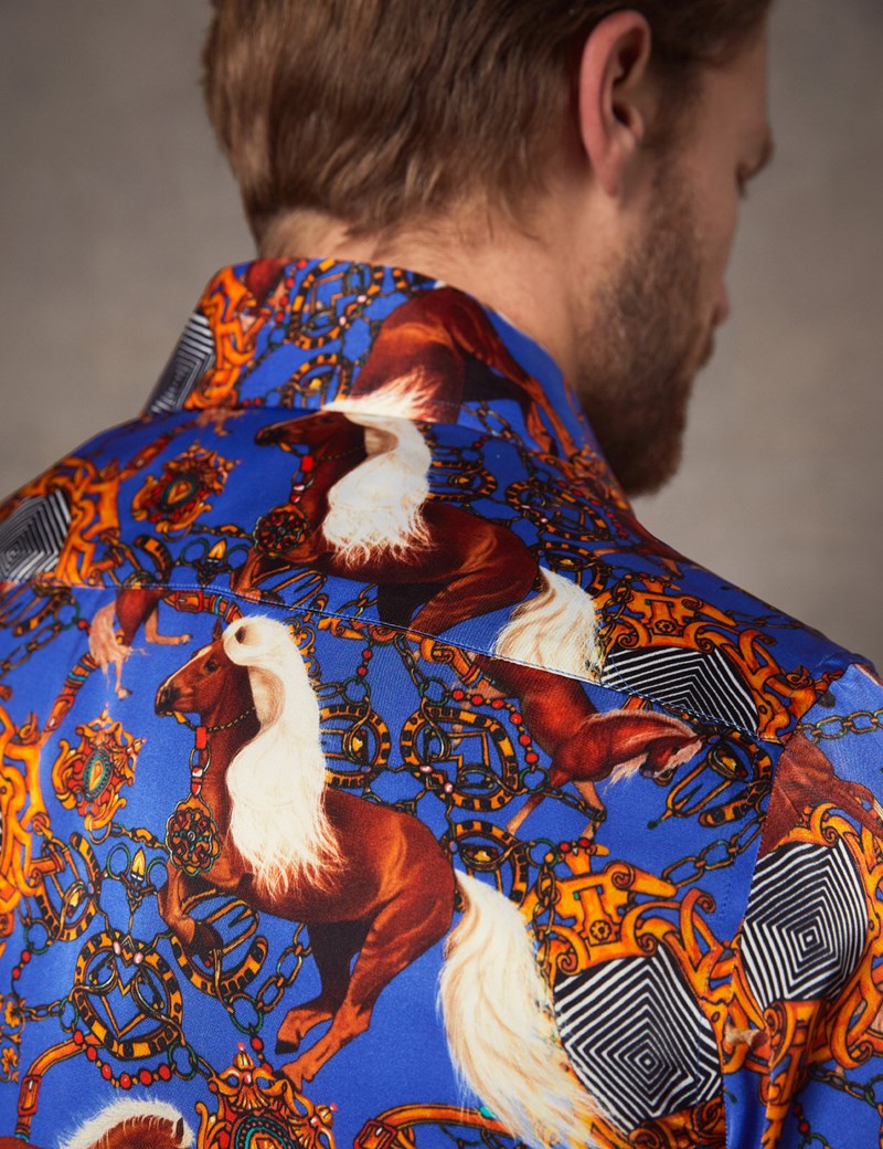 Men’s Curtis Electric Blue Horse Print Slim Fit Limited Edition Satin