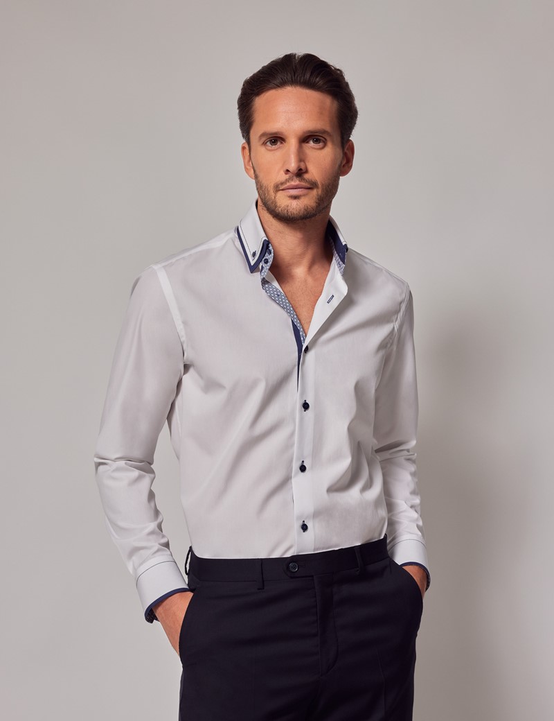 Men's White & Navy Slim Shirt - Button Down Collar - Limited Edition