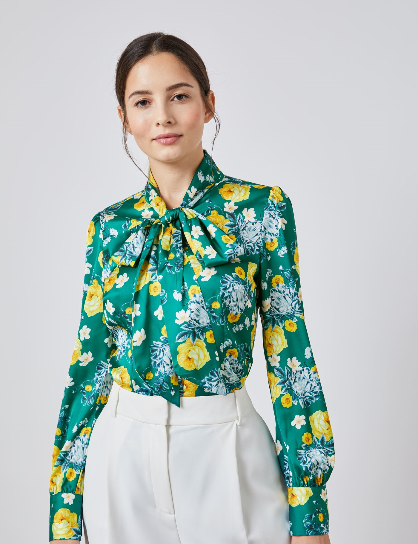 Women's Green & Yellow Floral Fitted Satin Blouse - Single Cuff - Pussy ...