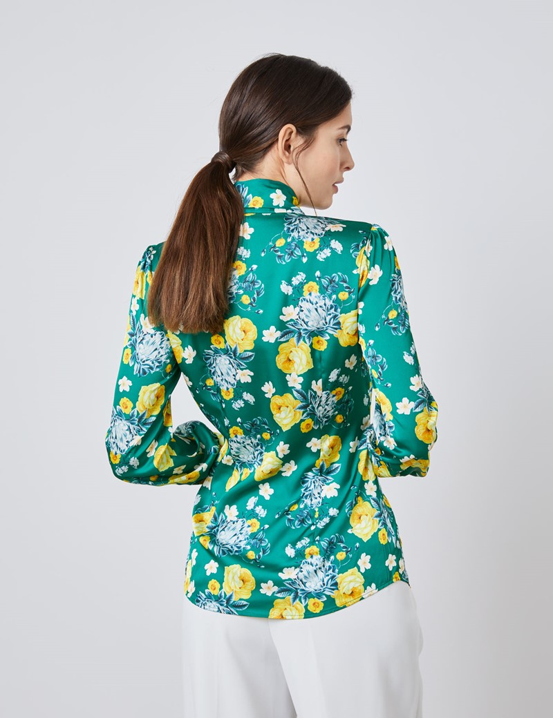 Womens Green And Yellow Floral Fitted Satin Blouse Single Cuff Pussy Bow Hawes And Curtis 9654