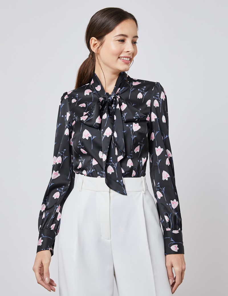 Womens Black And Pink Floral Fitted Satin Blouse Single Cuff Pussy Bow Hawes And Curtis