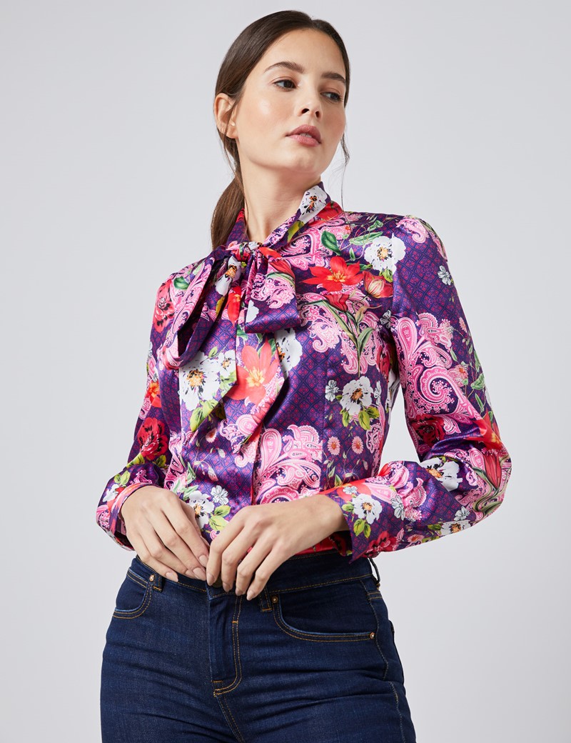Women's Light Pink & Fuchsia Geometric Floral Print Fitted Satin Blouse ...