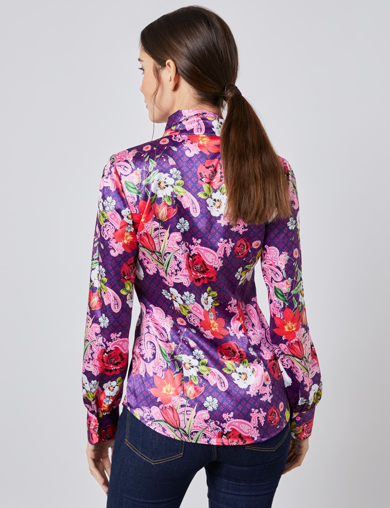 Womens Light Pink And Fuchsia Geometric Floral Print Fitted Satin Blouse Single Cuff Pussy 3662