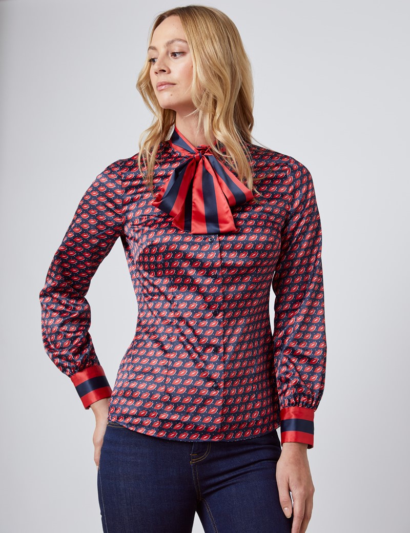 Women’s Navy & Red Geometric Lips Print Fitted Blouse – Single Cuff ...