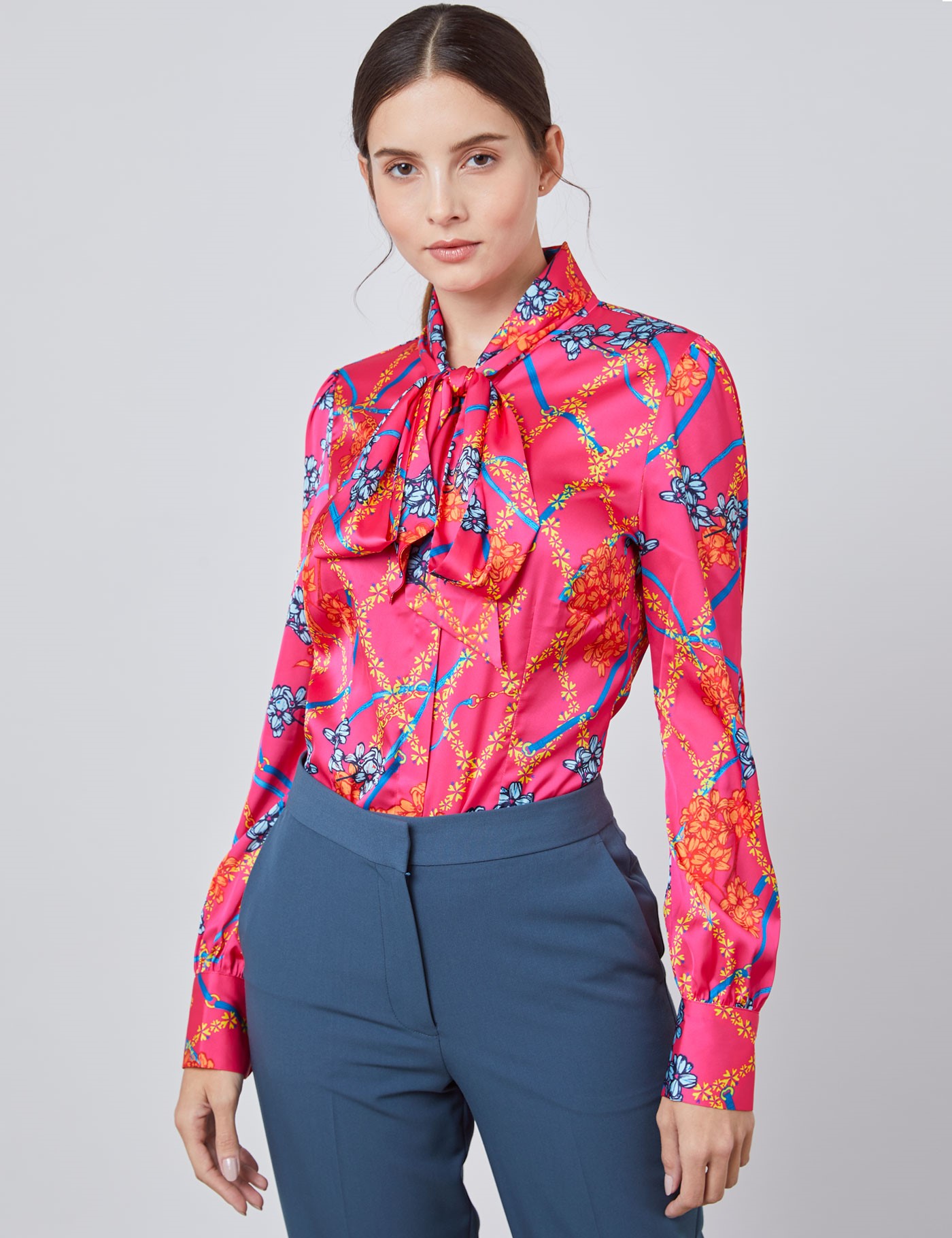 Women’s Fuchsia Floral Chains Print Fitted Blouse – Single Cuff - Pussy ...