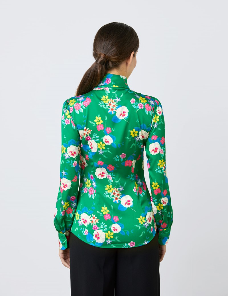 Satin Women S Fitted Shirt With Multi Floral Print And Pussy Bow In Green And White Hawes