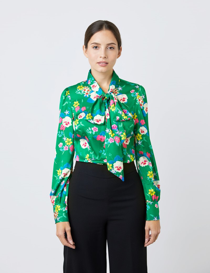 Satin Women's Fitted Shirt with Multi Floral Print and Pussy Bow in ...