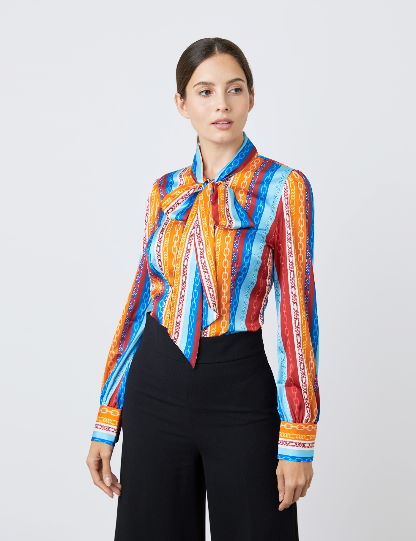 Image of Hawes & Curtis Women's Multi Coloured Chains Print Satin Blouse in Red/Blue Size  Single Cuff Pussy Bow
