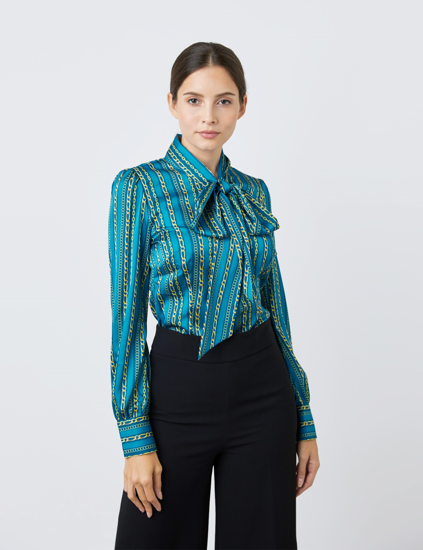 Image of Hawes & Curtis Women's & Multi Chains Print Satin Blouse in Blue/Light Blue Size  Single Cuff Pussy Bow