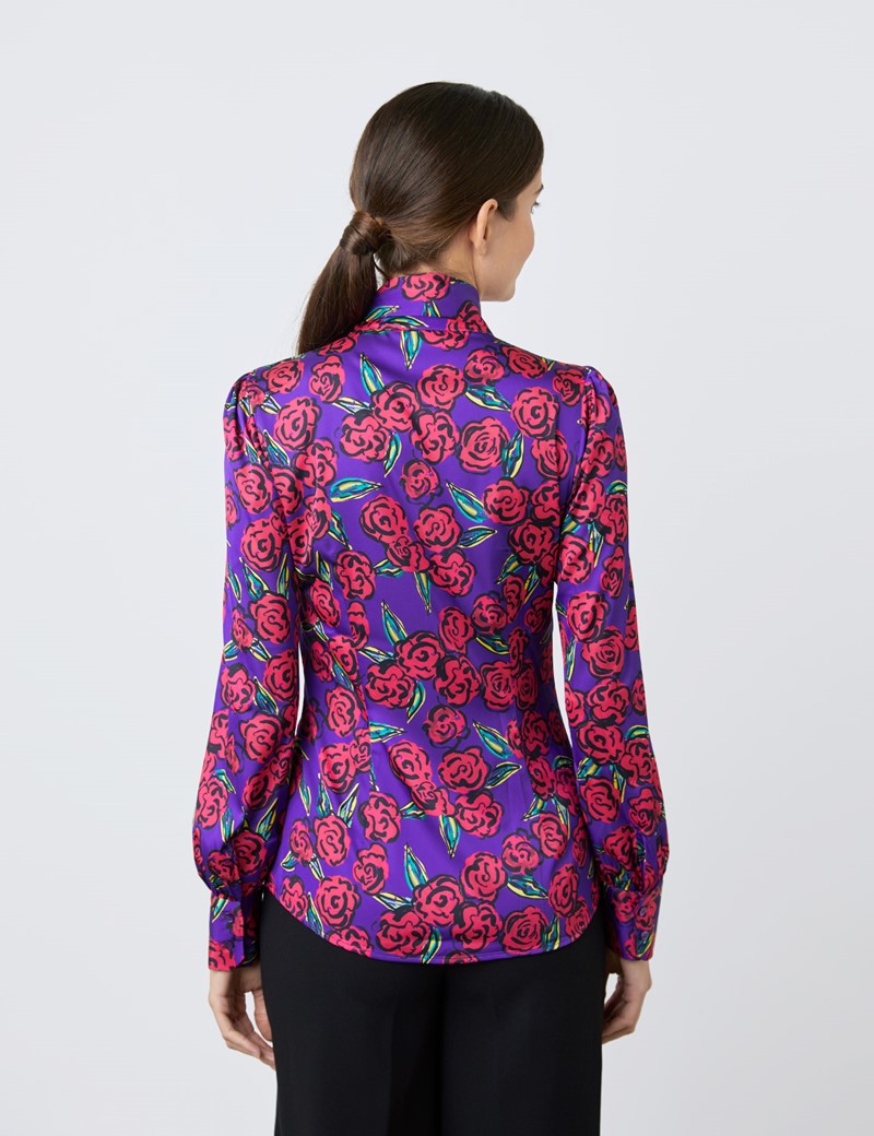 Women's Purple & Red Large Flowers Print Satin Blouse - Single Cuff - Pussy Bow