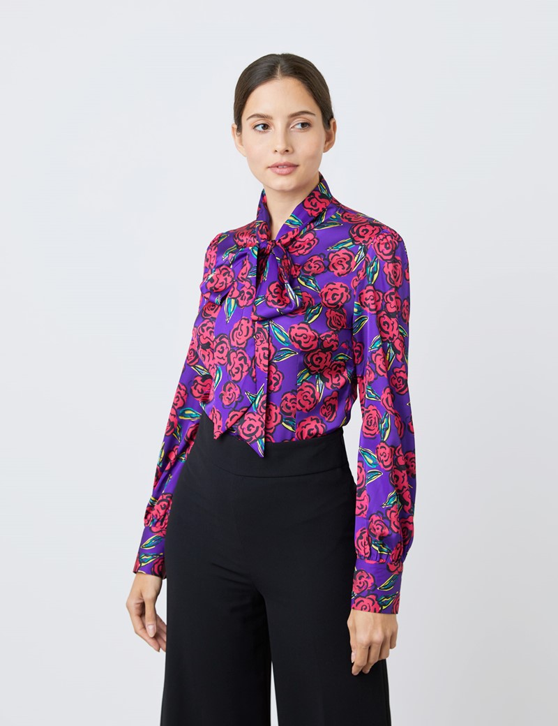 Women's Purple & Red Large Flowers Print Satin Blouse - Single Cuff - Pussy Bow
