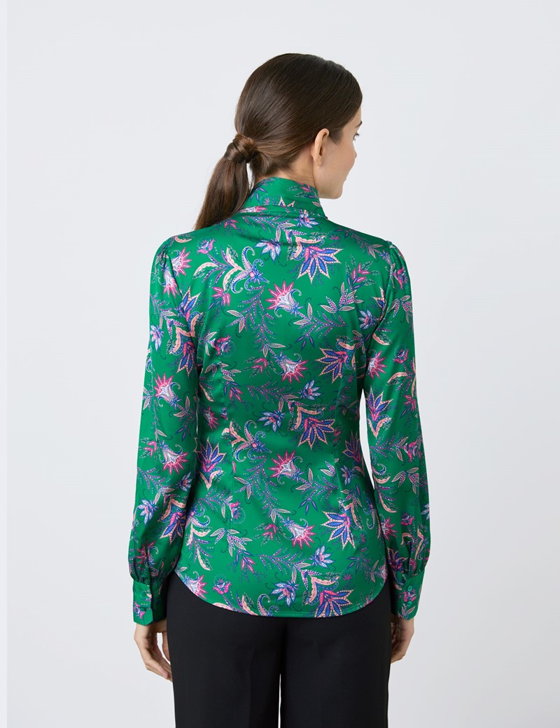 Satin Women S Fitted Shirt With Fine Flowers Print And Pussy Bow In Green And Pink Hawes