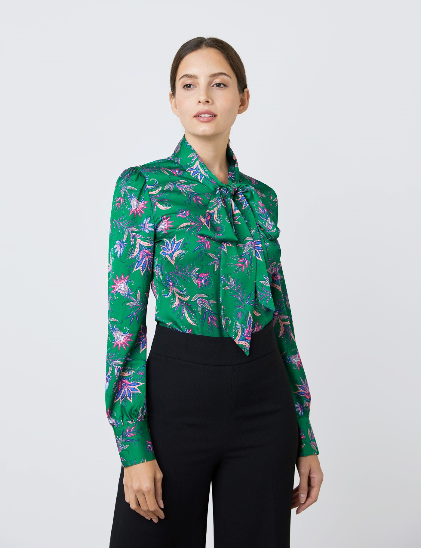 Satin Women's Fitted Shirt with Fine Flowers Print and Pussy Bow in ...