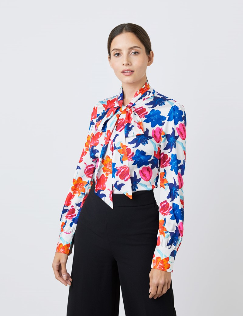 Satin Women's Fitted Shirt with Large Floral Print and Pussy Bow in ...