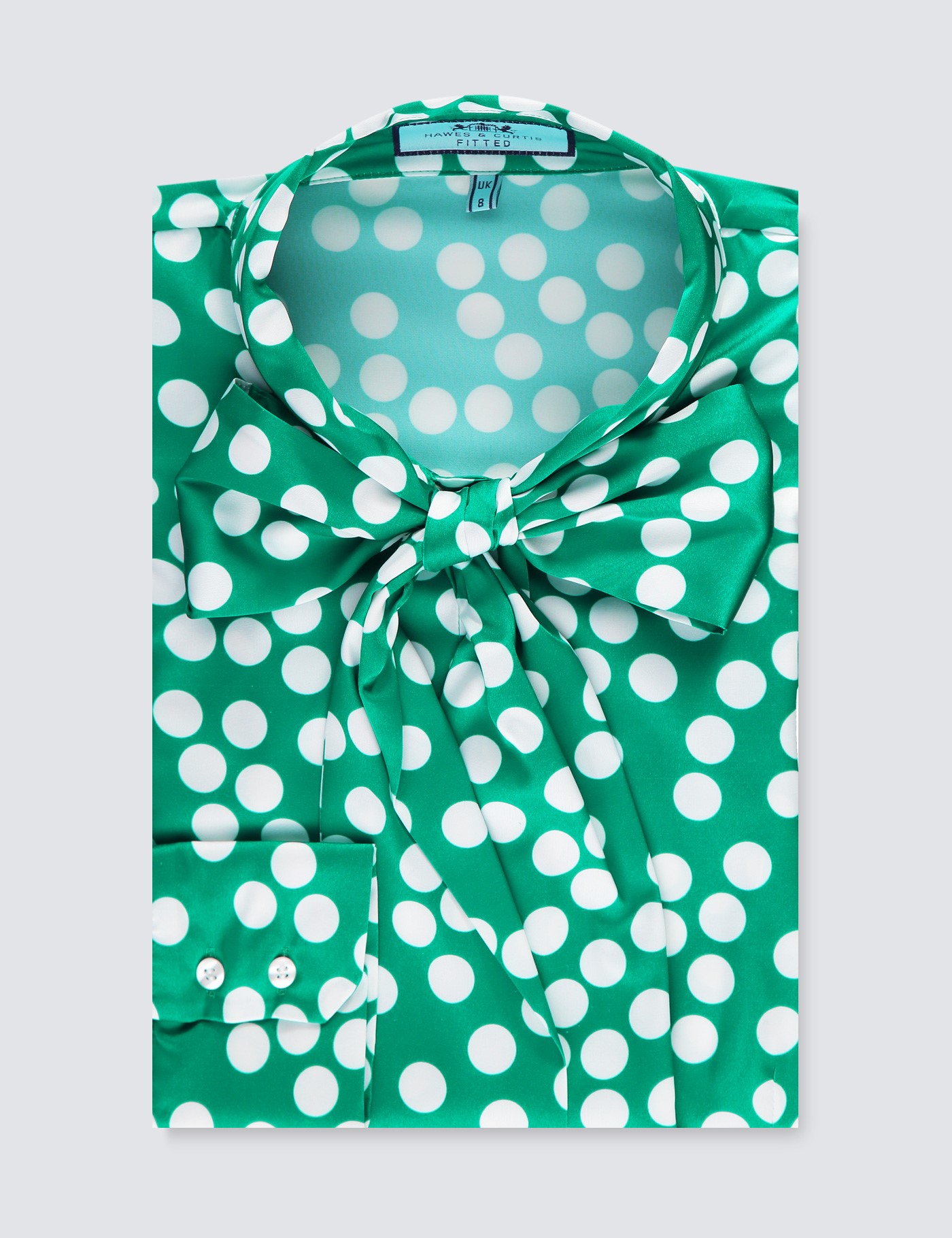 Satin Womens Fitted Shirt With Spots Print And Pussy Bow In Green And Whites Hawes And Curtis Uk 5687