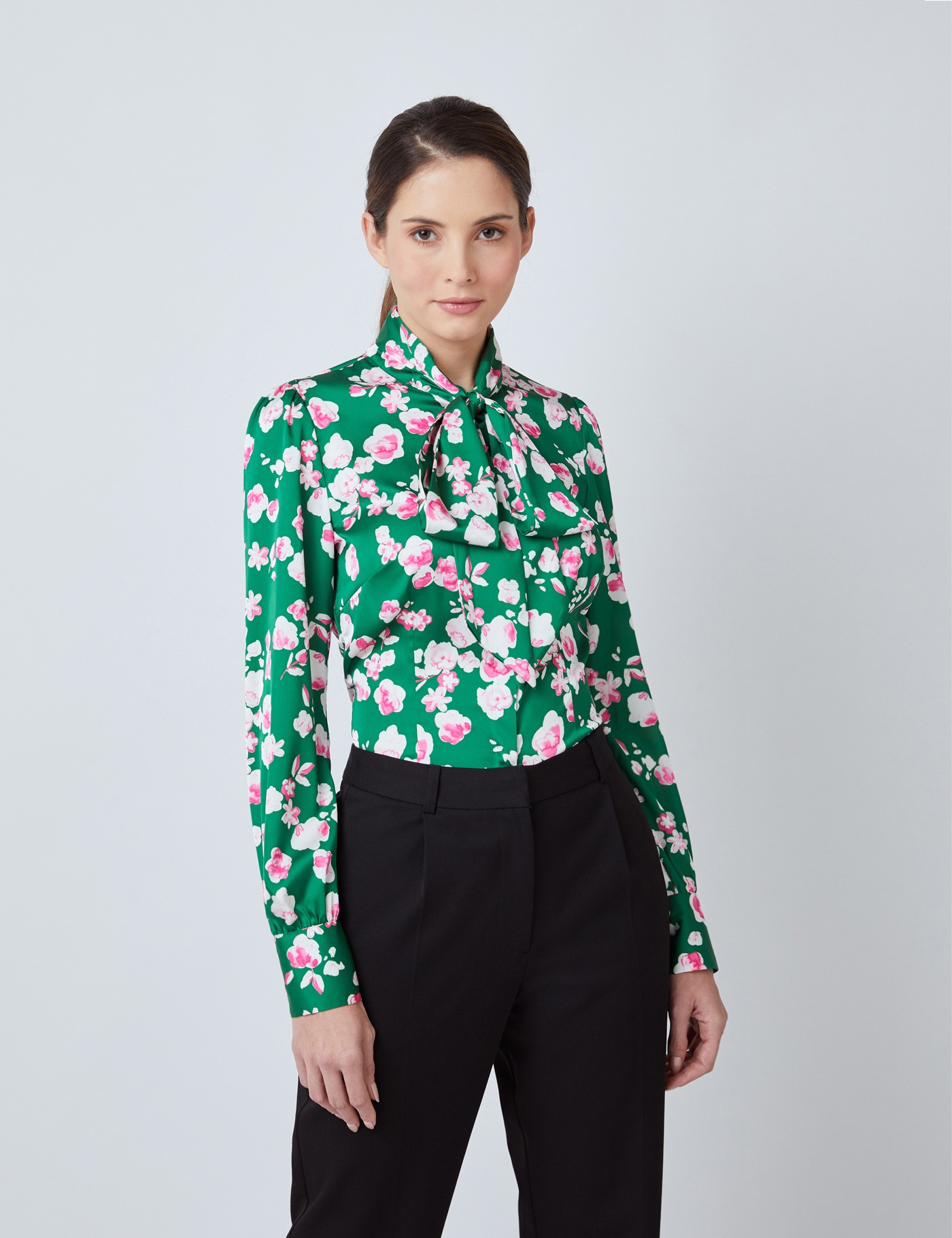 Hawes & Curtis Women's Green & Pink Floral Print Satin Blouse - Single Cuff - Pussybow