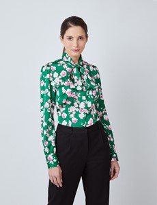 Women's Green & Pink Floral Print Satin Blouse - Single Cuff - Pussy Bow
