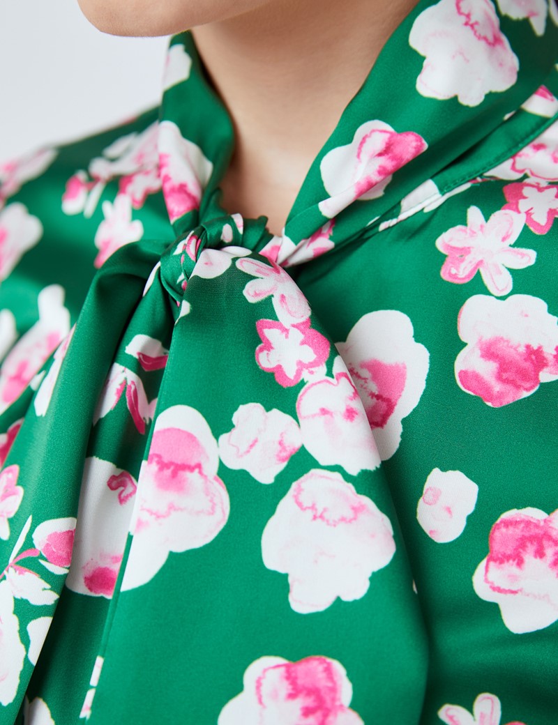 Women's Green & Pink Floral Print Satin Blouse - Single Cuff - Pussy Bow