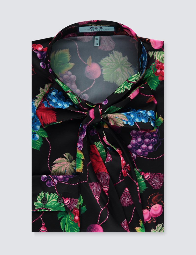 Women's Black & Pink Grapes Rope Print Satin Blouse - Single Cuff - Pussy Bow