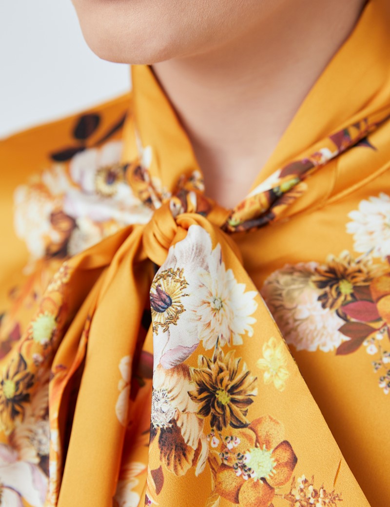 Women S Winter Blossom Print Satin Blouse In Mustard Single Cuff Pussy Bow Hawes Curtis Usa