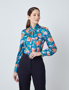 Women's Betsy Roses Print Satin Blouse in Teal & Red - Single Cuff ...