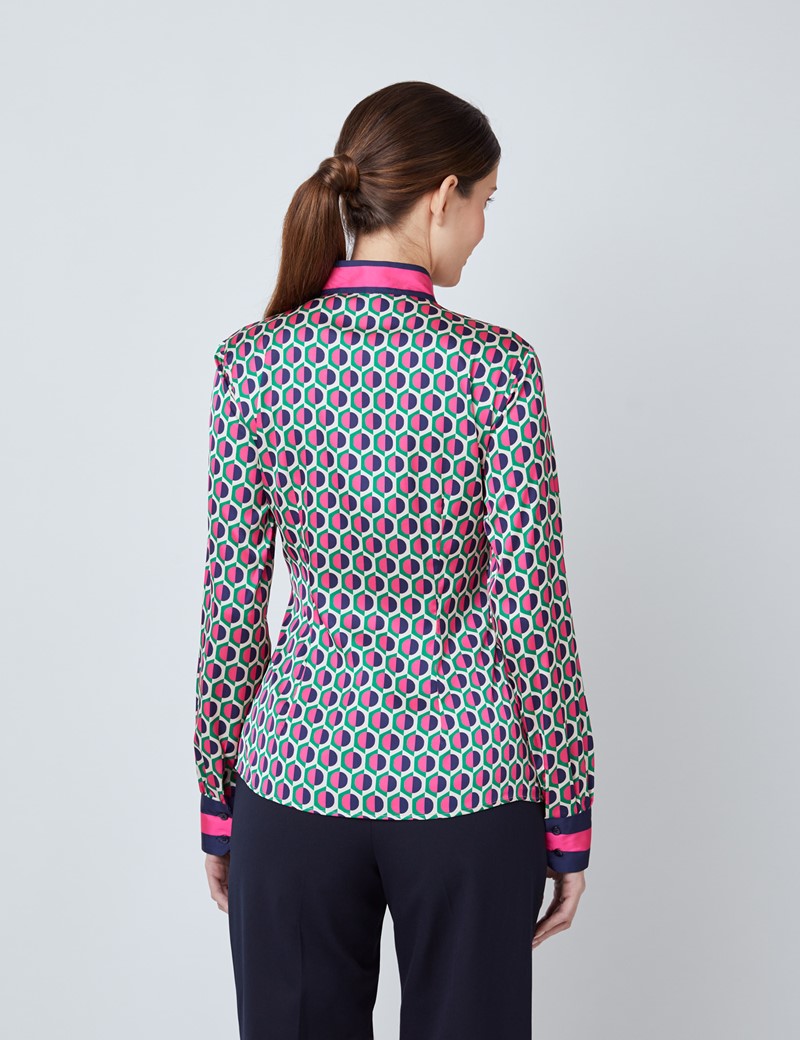 Satin Geometric Print Women's Fitted Blouse with Single Cuff and Pussy ...