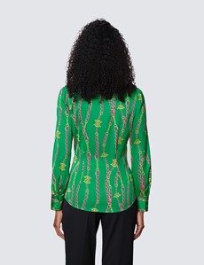 Women's Green & Pink Linked Chains Satin Blouse - Pussy Bow