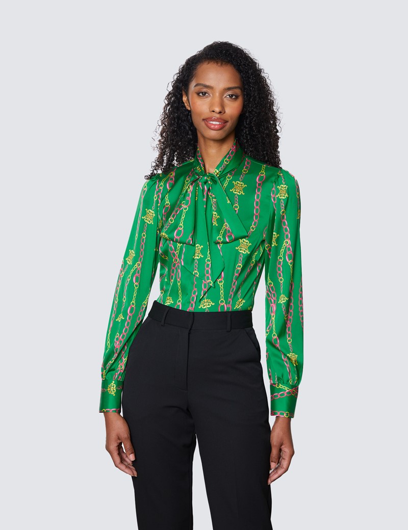 Women's Green & Pink Linked Chains Satin Blouse - Pussy Bow