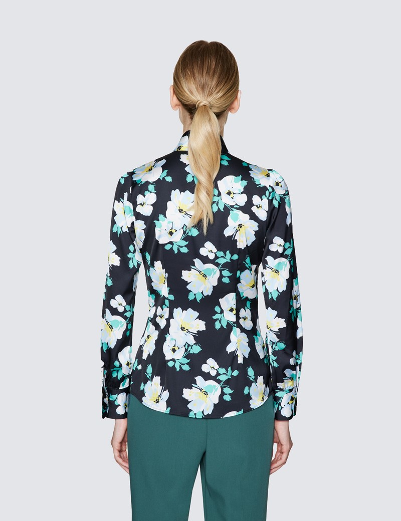 Women's Black & White Tropical Floral Print Pussy Bow Blouse 
