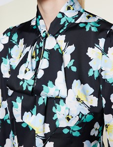 Women's Black & White Tropical Floral Print Pussy Bow Blouse 