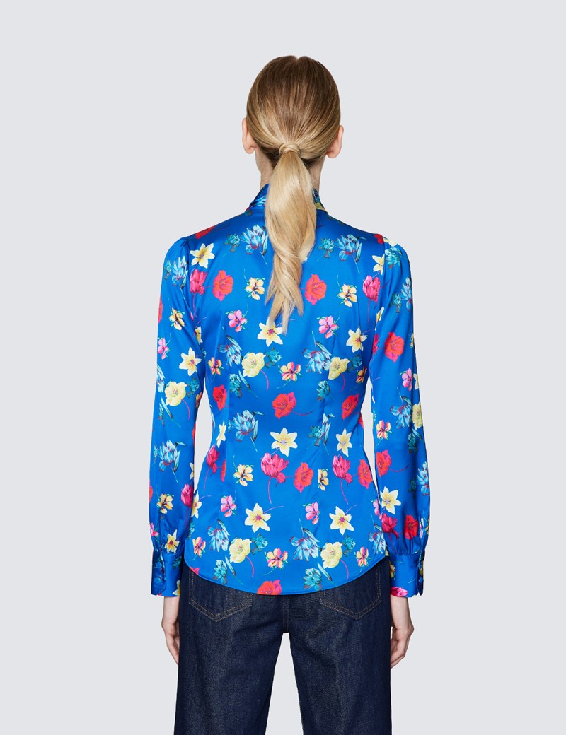 Women's Blue & Pink Floral Print Pussy Bow Blouse 
