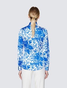 Women's White & Blue Floral Print Pussy Bow Blouse 