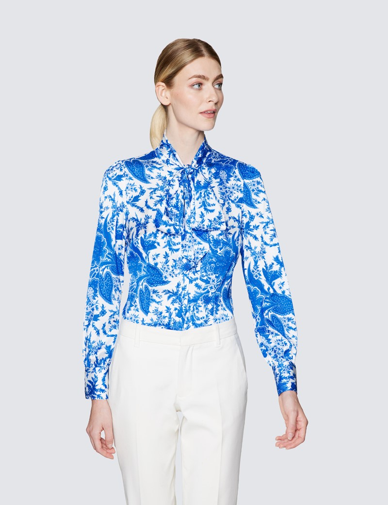 Women's White & Blue Floral Print Pussy Bow Blouse